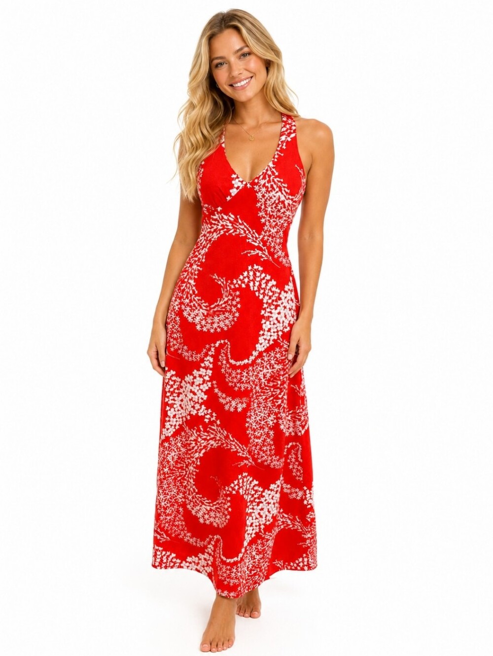 Vintage Hookano Hawaiian Maxi Dress Red White Floral Halter Cotton Made Hawaii